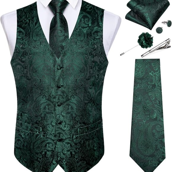 Exquisite Silk X-Large Green Paisley Vest with Cufflinks and Tie Clip Gift Set